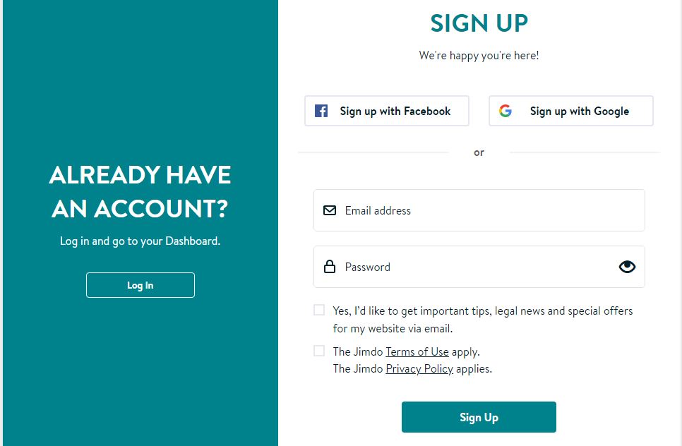 Jimdo Sign Up Page