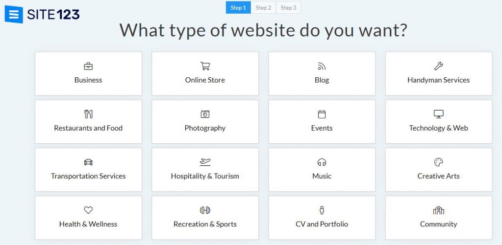 Site123 website categories