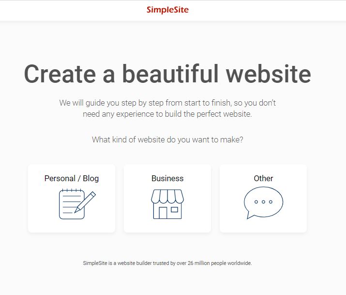 SimpleSite Choose type of website page